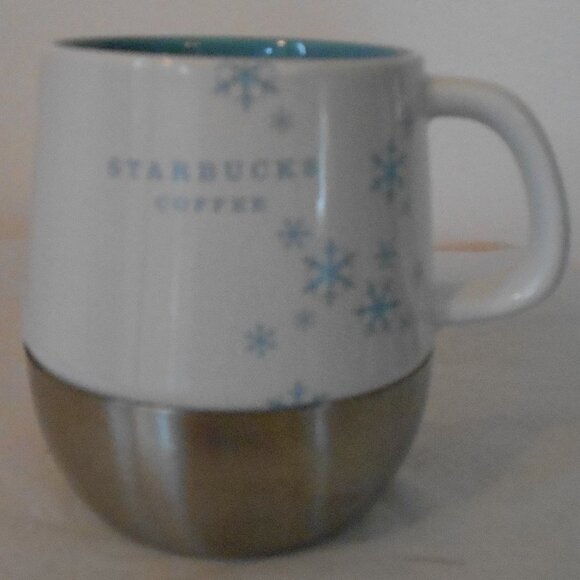 VTG Starbucks 2007 Holiday Coffee Mug 14oz White W/ Blue Snowflakes Metal Base - Picture 1 of 4